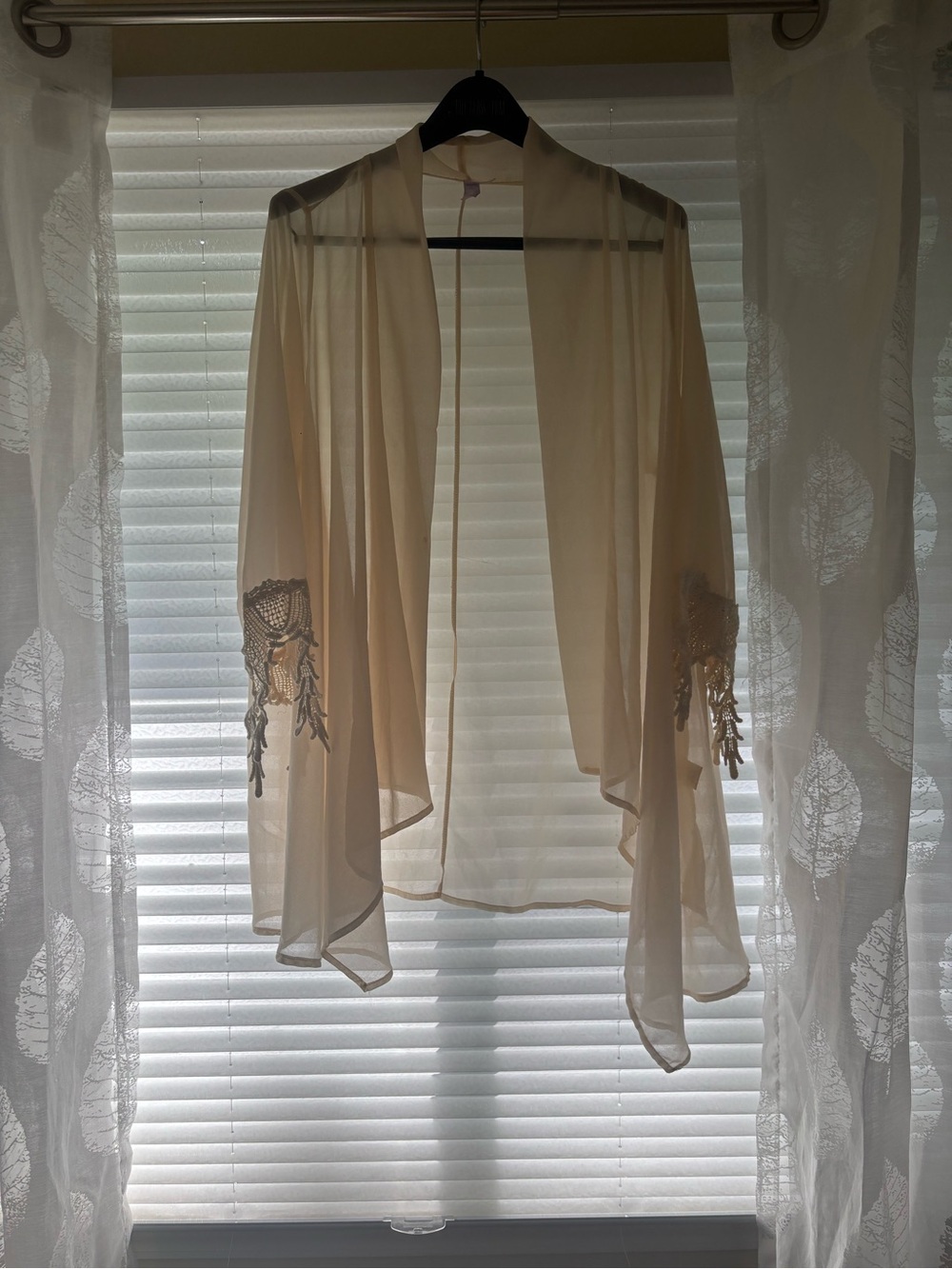 Sheer Cream Crochet Sleeve Kimono